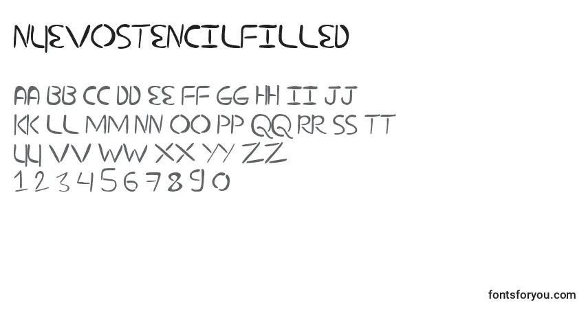 Schriftart NuevostencilFilled – Alphabet, Zahlen, spezielle Symbole