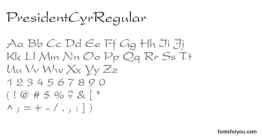 A fonte PresidentCyrRegular – alfabeto, números, caracteres especiais