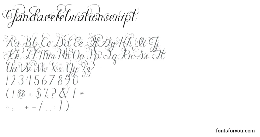 Czcionka Jandacelebrationscript – alfabet, cyfry, specjalne znaki