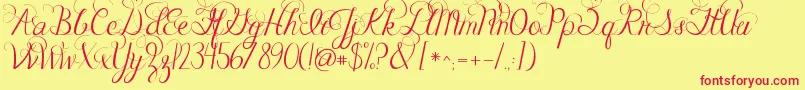 Jandacelebrationscript-Schriftart – Rote Schriften auf gelbem Hintergrund