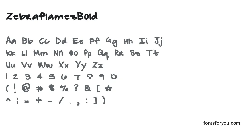 A fonte ZebraflamesBold – alfabeto, números, caracteres especiais