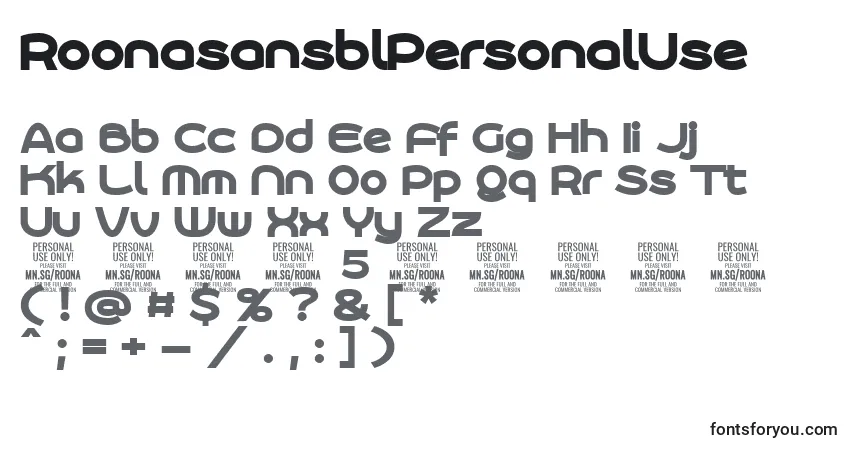 A fonte RoonasansblPersonalUse – alfabeto, números, caracteres especiais