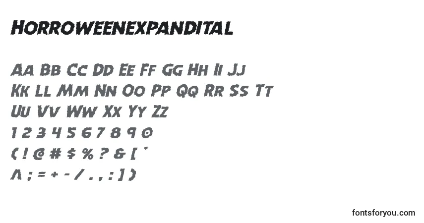 Schriftart Horroweenexpandital – Alphabet, Zahlen, spezielle Symbole