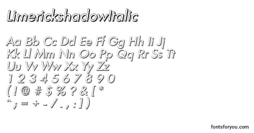 Шрифт LimerickshadowItalic – алфавит, цифры, специальные символы