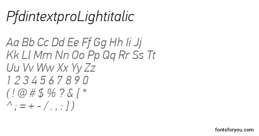 A fonte PfdintextproLightitalic – alfabeto, números, caracteres especiais