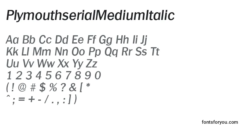 A fonte PlymouthserialMediumItalic – alfabeto, números, caracteres especiais