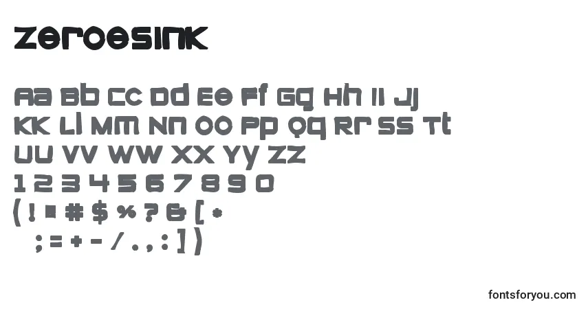 Czcionka Zeroesink – alfabet, cyfry, specjalne znaki