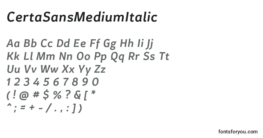 Schriftart CertaSansMediumItalic – Alphabet, Zahlen, spezielle Symbole