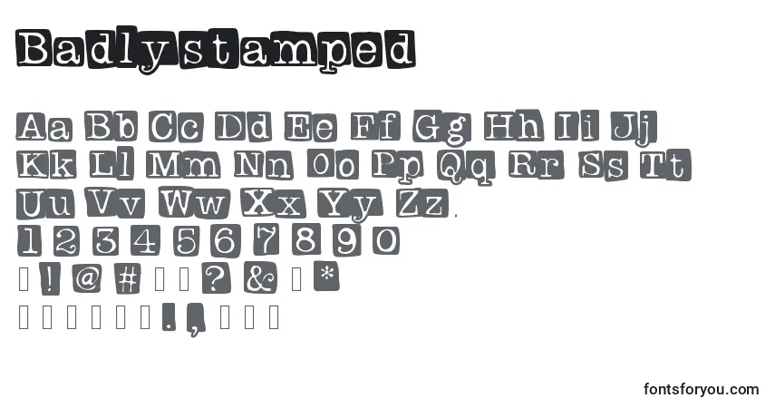 Schriftart Badlystamped – Alphabet, Zahlen, spezielle Symbole