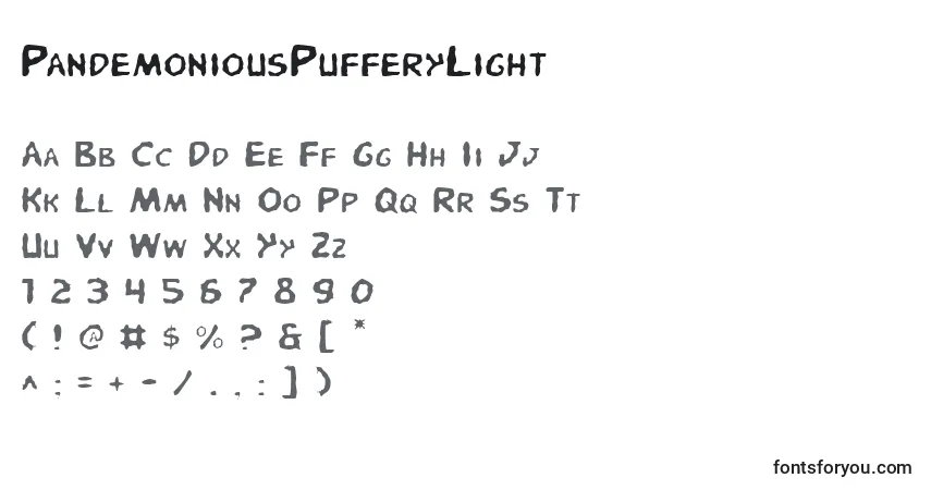 A fonte PandemoniousPufferyLight – alfabeto, números, caracteres especiais