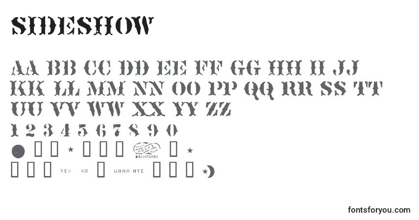 Czcionka Sideshow – alfabet, cyfry, specjalne znaki
