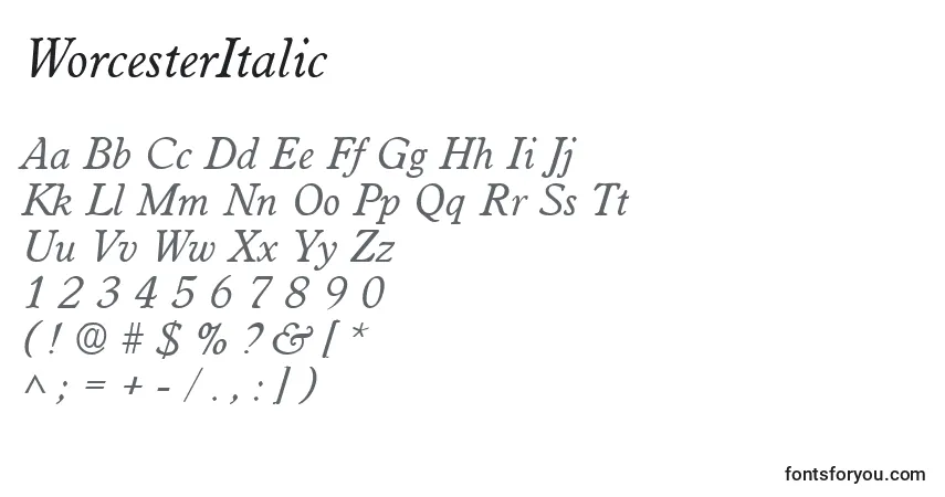 WorcesterItalic-fontti – aakkoset, numerot, erikoismerkit