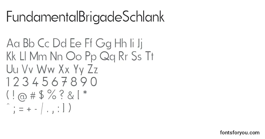 A fonte FundamentalBrigadeSchlank – alfabeto, números, caracteres especiais