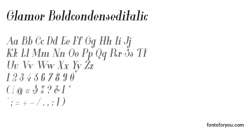 Czcionka Glamor Boldcondenseditalic – alfabet, cyfry, specjalne znaki