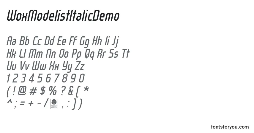 Шрифт WoxModelistItalicDemo – алфавит, цифры, специальные символы