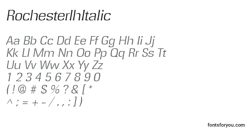 Шрифт RochesterlhItalic – алфавит, цифры, специальные символы