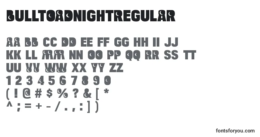 Schriftart BulltoadnightRegular – Alphabet, Zahlen, spezielle Symbole
