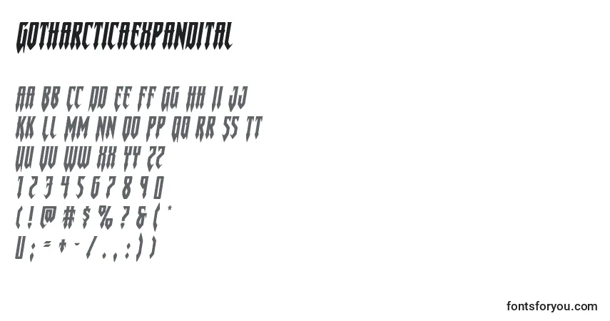 Czcionka Gotharcticaexpandital – alfabet, cyfry, specjalne znaki