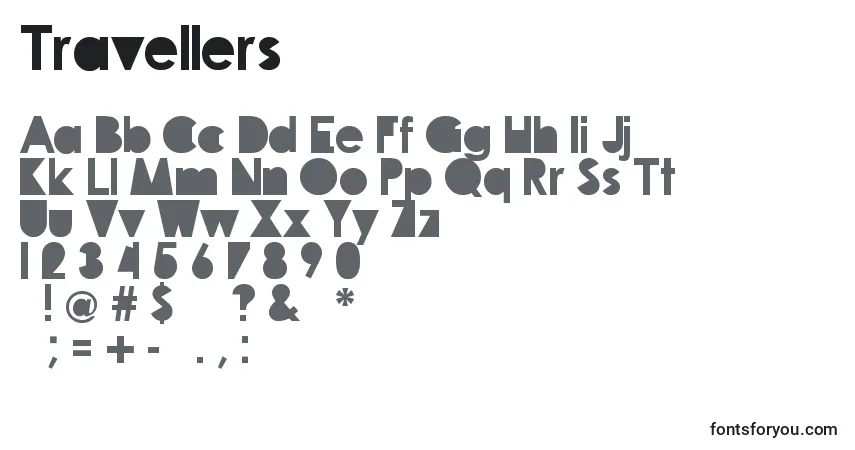 Schriftart Travellers – Alphabet, Zahlen, spezielle Symbole