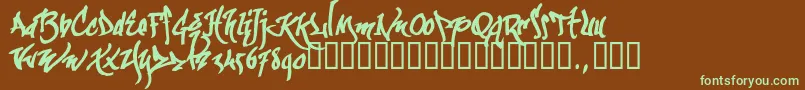 フォントKgraftrial – 緑色の文字が茶色の背景にあります。