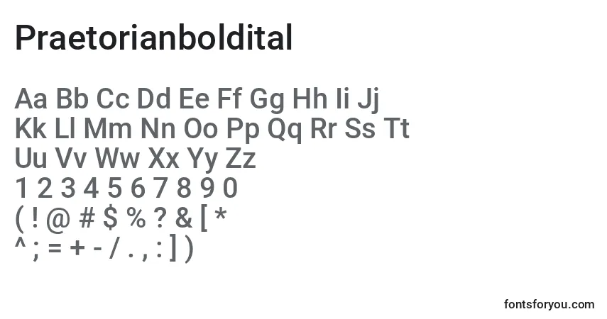 Czcionka Praetorianboldital – alfabet, cyfry, specjalne znaki