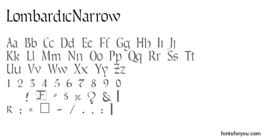A fonte LombardicNarrow – alfabeto, números, caracteres especiais