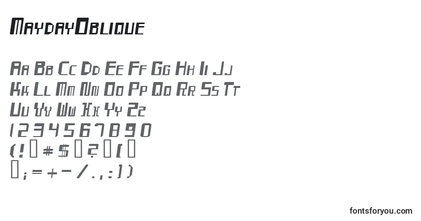 A fonte MaydayOblique – alfabeto, números, caracteres especiais