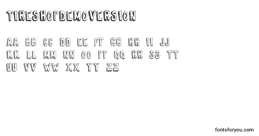 Czcionka TireShopDemoVersion – alfabet, cyfry, specjalne znaki