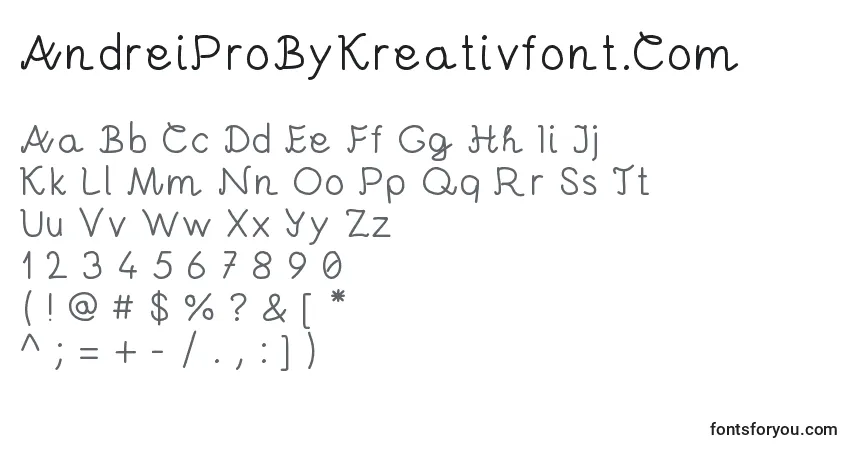 Czcionka AndreiProByKreativfont.Com – alfabet, cyfry, specjalne znaki