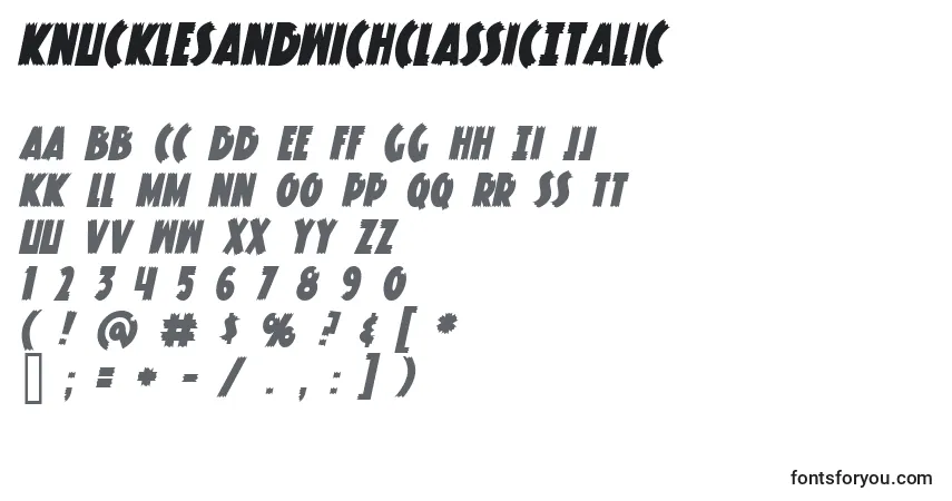 Schriftart KnuckleSandwichClassicItalic – Alphabet, Zahlen, spezielle Symbole