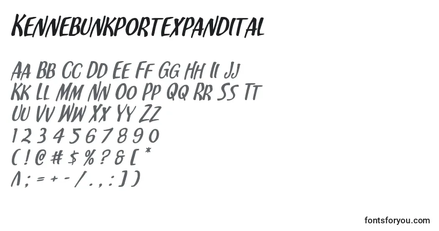 Шрифт Kennebunkportexpandital – алфавит, цифры, специальные символы