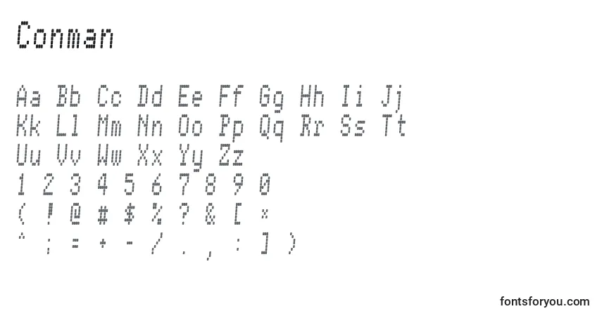 Czcionka Conman – alfabet, cyfry, specjalne znaki