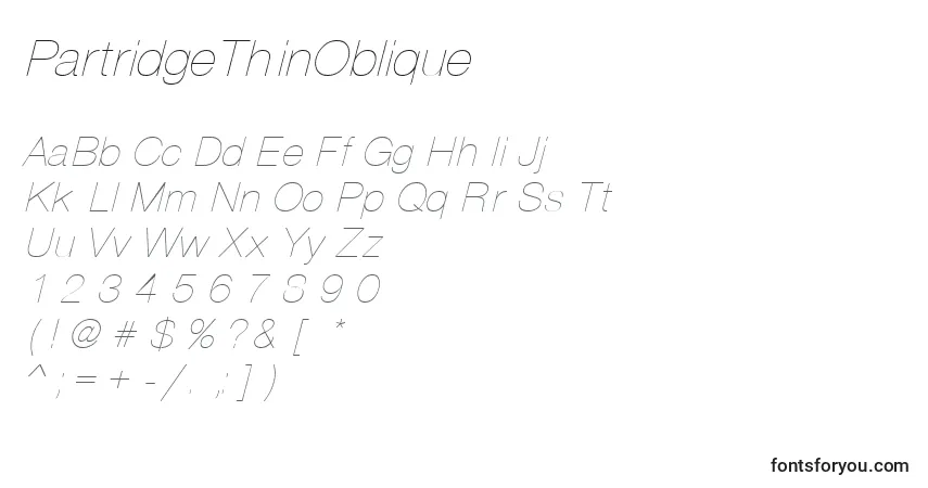 A fonte PartridgeThinOblique – alfabeto, números, caracteres especiais