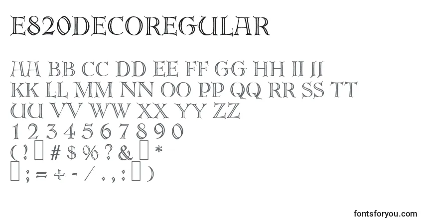 Czcionka E820DecoRegular – alfabet, cyfry, specjalne znaki