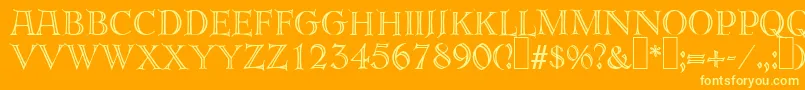 E820DecoRegular-Schriftart – Gelbe Schriften auf orangefarbenem Hintergrund