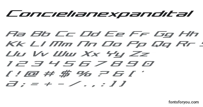 Шрифт Concielianexpandital – алфавит, цифры, специальные символы