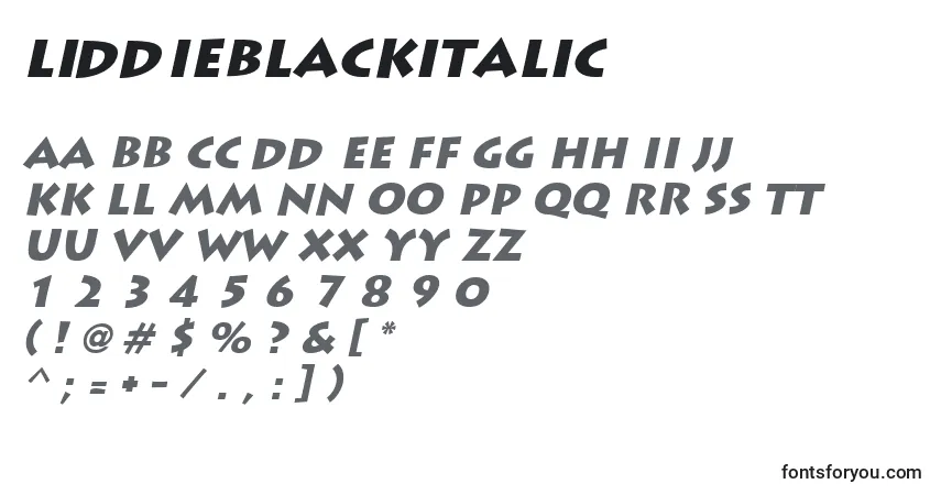 Czcionka LiddieblackItalic – alfabet, cyfry, specjalne znaki