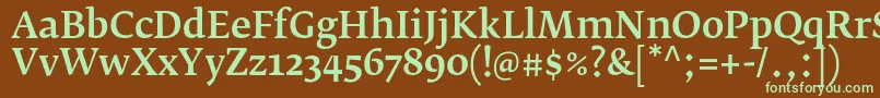 フォントFedraserifbproMedium – 緑色の文字が茶色の背景にあります。