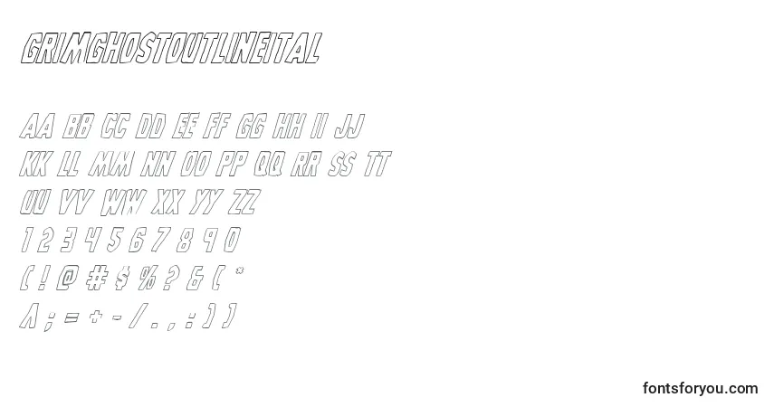 Шрифт Grimghostoutlineital – алфавит, цифры, специальные символы