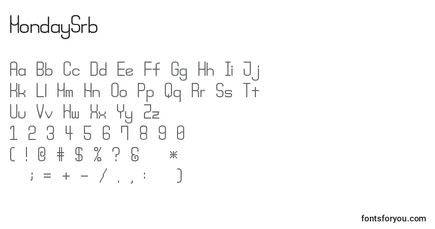 Czcionka MondaySrb – alfabet, cyfry, specjalne znaki