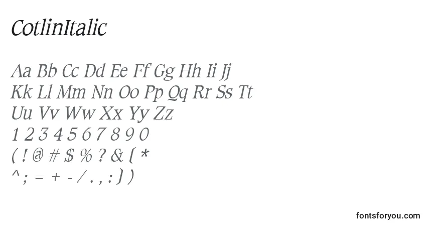 A fonte CotlinItalic – alfabeto, números, caracteres especiais