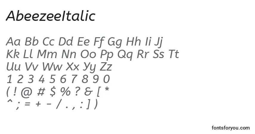 Шрифт AbeezeeItalic – алфавит, цифры, специальные символы