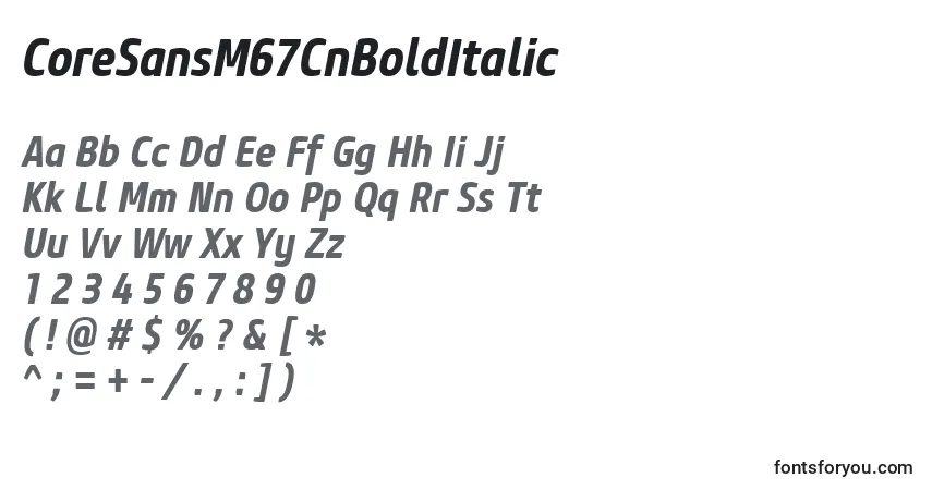 Шрифт CoreSansM67CnBoldItalic – алфавит, цифры, специальные символы