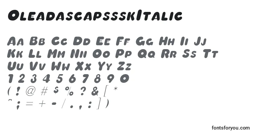 A fonte OleadascapssskItalic – alfabeto, números, caracteres especiais