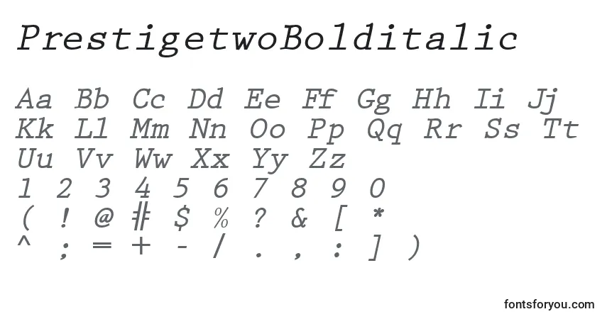 Czcionka PrestigetwoBolditalic – alfabet, cyfry, specjalne znaki
