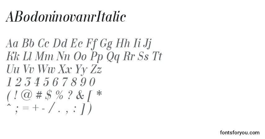 Czcionka ABodoninovanrItalic – alfabet, cyfry, specjalne znaki