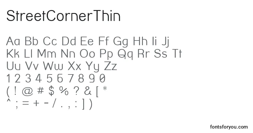 Schriftart StreetCornerThin – Alphabet, Zahlen, spezielle Symbole