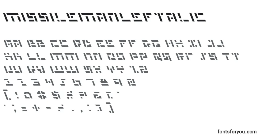 Schriftart MissileManLeftalic – Alphabet, Zahlen, spezielle Symbole