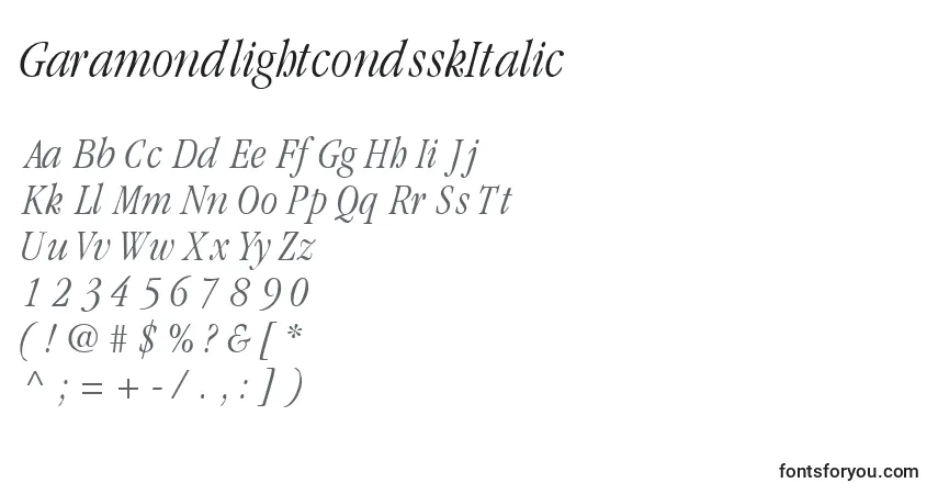 Czcionka GaramondlightcondsskItalic – alfabet, cyfry, specjalne znaki