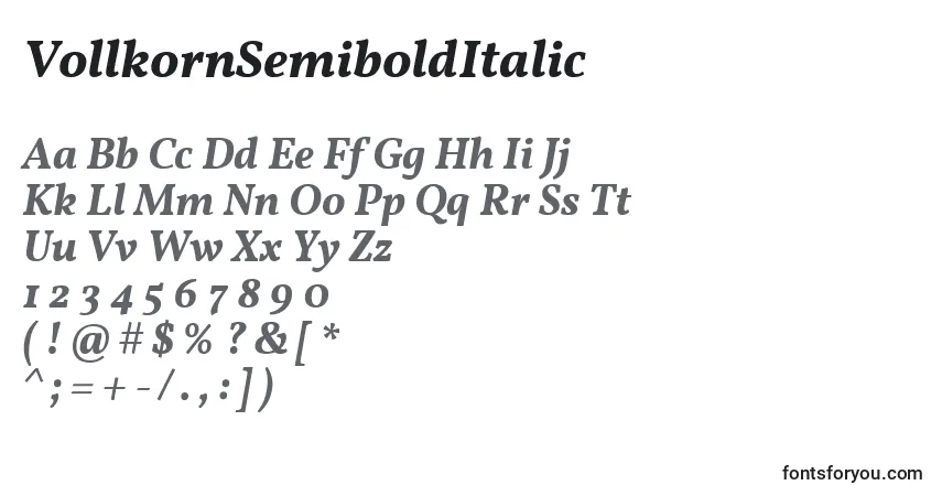 VollkornSemiboldItalic-fontti – aakkoset, numerot, erikoismerkit